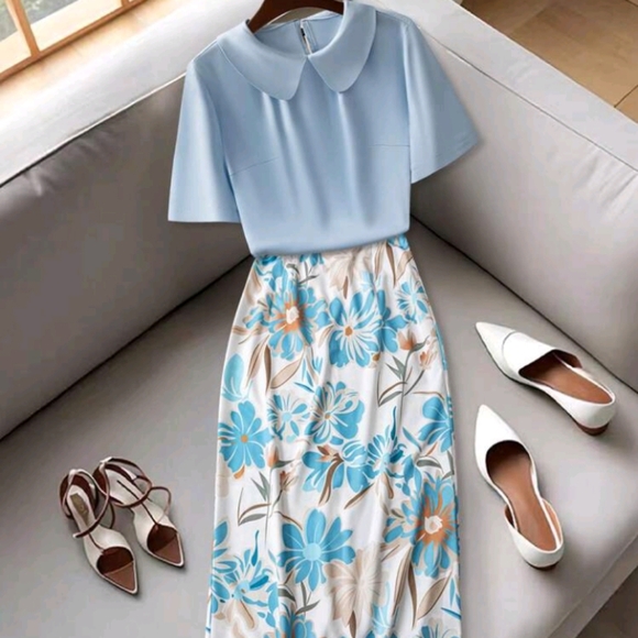 2pcs Elegant Plain Top & Floral Print Skirt Outfit Set - Picture 8 of 8